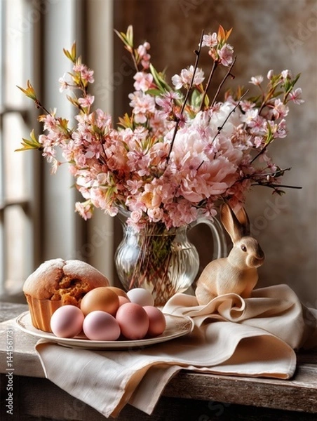Fototapeta Traditional Easter cake (Kulich) decorated with icing and sprinkles, surrounded by blooming branch and colorful eggs. Festive spring atmosphere with soft natural lighting.