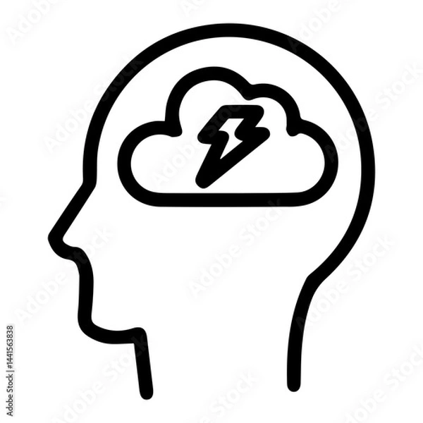 Fototapeta Stormy thought in mind (outline style). Troubled thinking, chaotic idea, mental turmoil, intense thoughts, brainstorm, electric notion, powerful concept, agitated mind, turbulent thoughts brewing