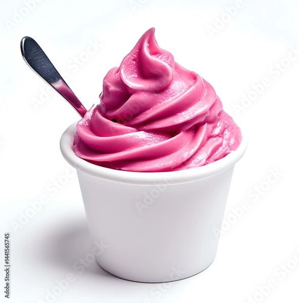 Fototapeta Food photography, a close-up of an ice cream tub with pink ice cream and a spoon inside the bowl. The color is vibrant, the texture is smooth, and it looks delicious. It's against a white background