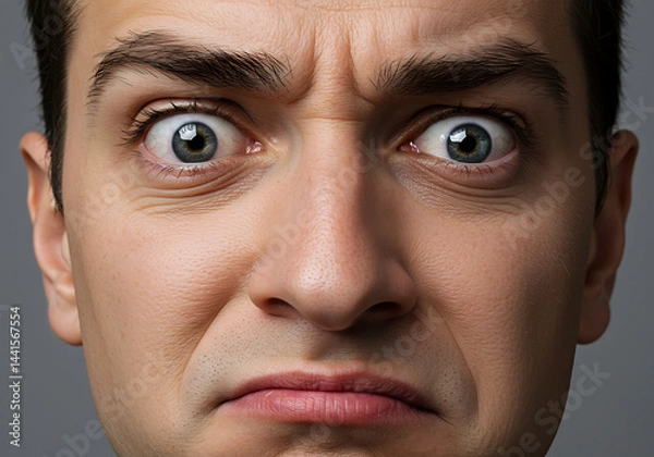 Fototapeta Man's Extreme Disgust: Wide Eyes, Furrowed Brow, and Pursed Lips Against Gray.