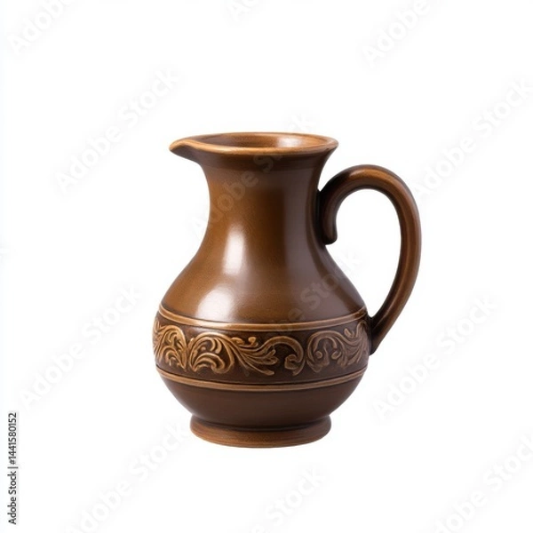 Fototapeta Brown ceramic pitcher with handle isolated on white background