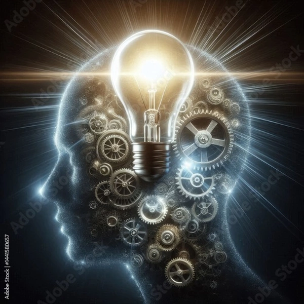 Fototapeta A bright light bulb glowing intensely above a silhouette of a human head, with beams of light radiating outwards. Or, intricate, polished gears smoothly interlocking and turning within a complex mecha