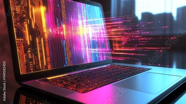 Fototapeta Futuristic laptop with vibrant data visualization.