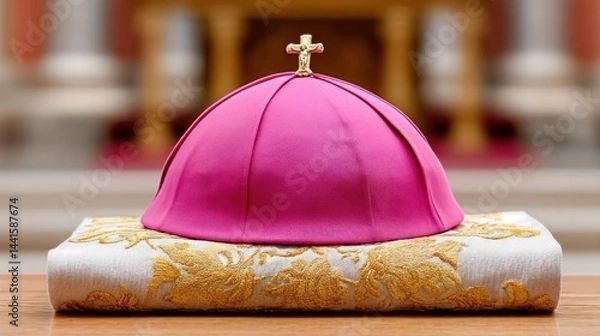 Obraz Elegant view of a pink mitre with a golden cross, resting on a decorated religious book.