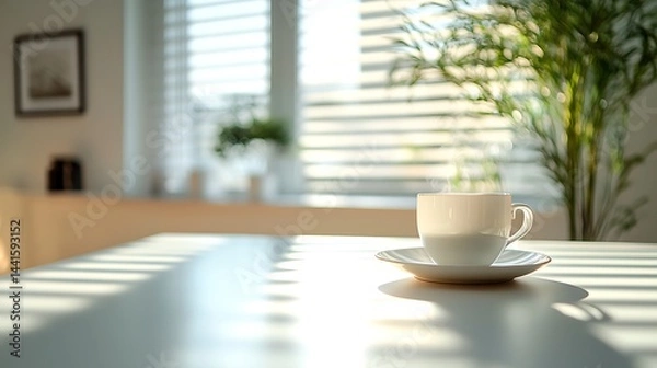 Fototapeta White coffee cup on a saucer sits on a sunlit table with blurred plants and blinds in the background