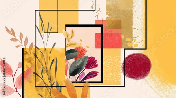 Obraz Trendy bohemian abstract square art templates with floral and geometric elements. For social media posts, mobile apps, banners design and web/internet ads. Fashion backgrounds. Boho style background