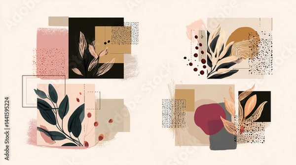 Obraz Trendy bohemian abstract square art templates with floral and geometric elements. For social media posts, mobile apps, banners design and web/internet ads. Fashion backgrounds. Boho style background