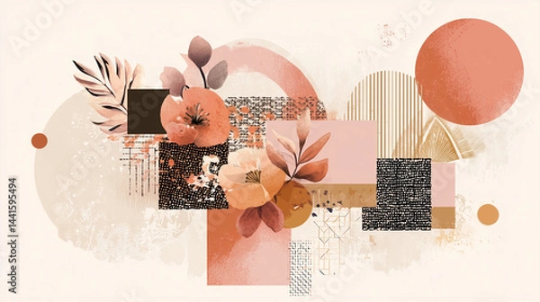 Fototapeta Trendy bohemian abstract square art templates with floral and geometric elements. For social media posts, mobile apps, banners design and web/internet ads. Fashion backgrounds. Boho style background