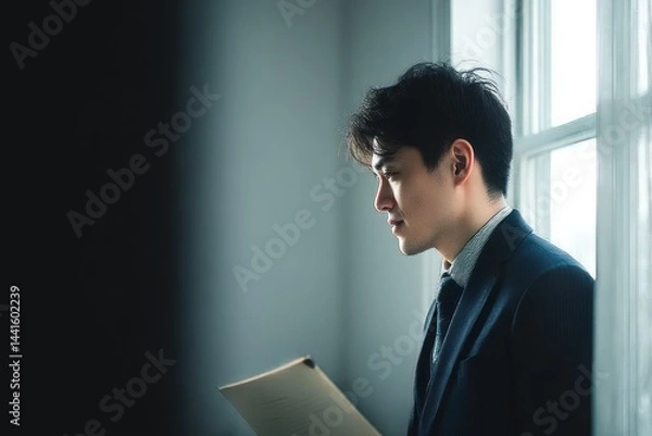 Fototapeta Thoughtful young man in formal suit looking thoughtfully out of a window with soft natural light illuminating his face and holding a clipboard, conveying contemplation and focus indoors