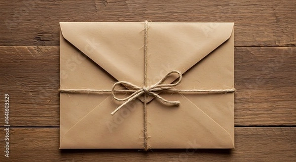 Fototapeta A brown envelope, crafted from Kraft paper and tied with rustic twine into a bow, sits on a textured and aged wooden surface