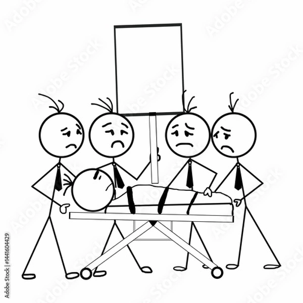 Obraz This is a pixel design illustrating the concept of a corporate emergency or server failure, showing sad employees carrying a colleague on a stretcher in protest.