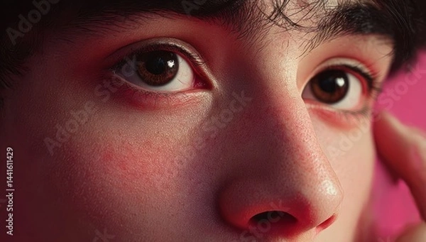 Fototapeta Close-up of a young person's face showing detailed skin texture, brown eyes, dark eyebrows, and a gentle expression with soft pink background
