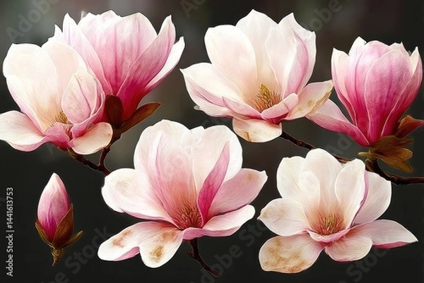 Fototapeta Close-up view of delicate pink and white magnolia blossoms and buds against a dark background creating a soft, elegant, and serene atmosphere