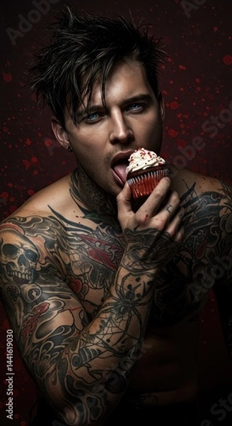 Fototapeta A muscular man with blue eyes and tattoos eats a cupcake against a dark red jam-splattered background.