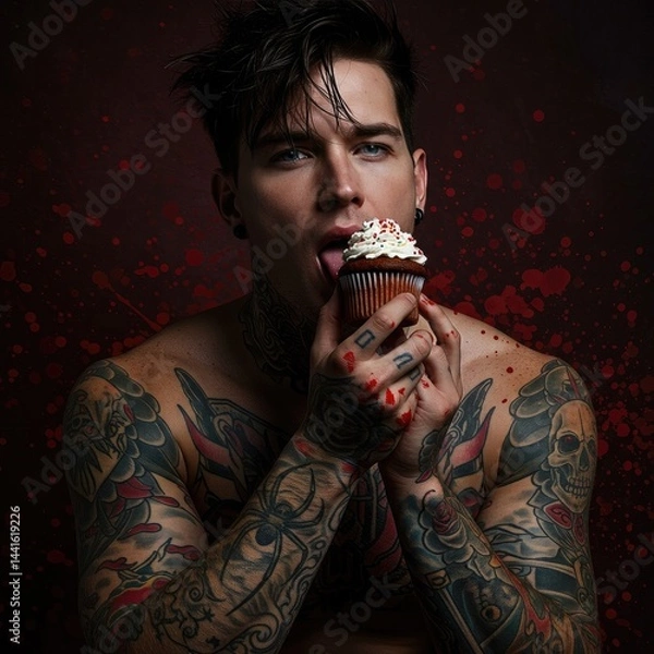 Fototapeta A muscular man with blue eyes and tattoos eats a cupcake against a dark red jam-splattered background.