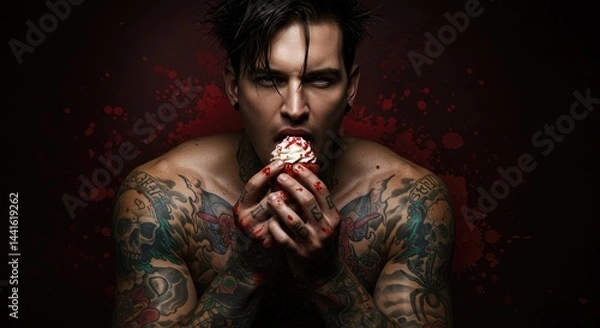 Fototapeta A muscular man with blue eyes and tattoos eats a cupcake against a dark red jam-splattered background.