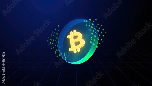 Fototapeta A glowing Bitcoin symbol surrounded by a digital aura, set against a dark background with a grid pattern.