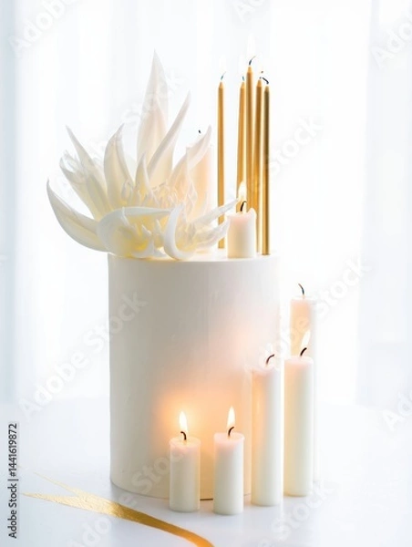 Obraz A white vase with decorative petals holds golden candles, surrounded by smaller white candles, all set against a bright backdrop.