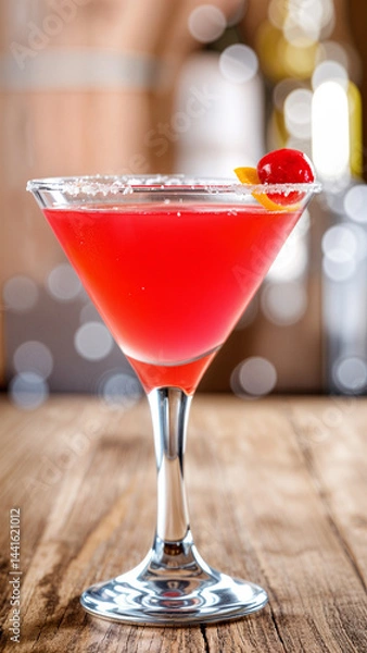 Fototapeta Cosmopolitan cocktail with a salted rim, garnished with a cherry and lemon twist, sits on a rustic wooden table
