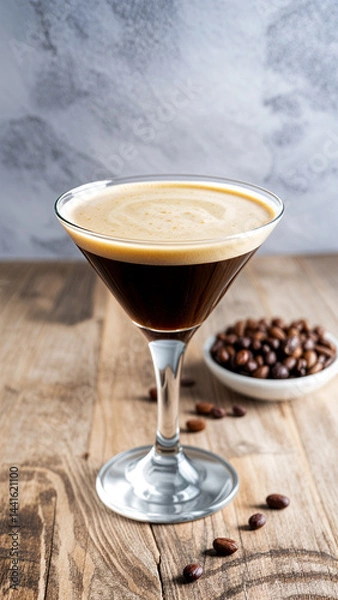 Fototapeta Espresso martini cocktail in a clear glass sits on a rustic wooden table. Coffee beans are scattered nearby, creating a warm and inviting atmosphere