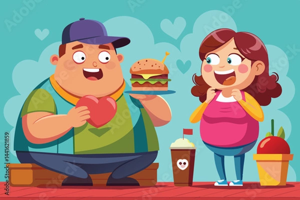 Fototapeta A cheerful family shares a lighthearted moment in a diner, with a father holding a big burger, while the mother and their son join in the fun during lunchtime.