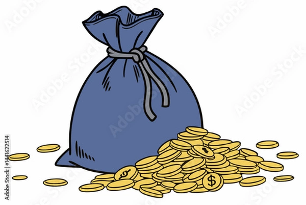 Fototapeta A deep blue bag lay down floor of golden coins isolated transparent background
