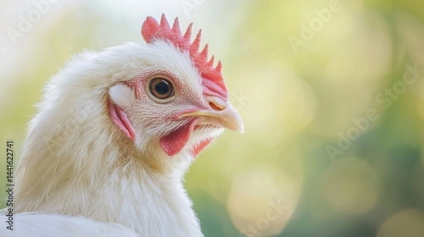 Fototapeta Profile view of a fluffy white chicken, fine feather details, and a soft, neutral background.