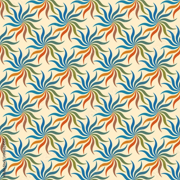 Fototapeta Abstract flowers with wavy lines on blue seamless