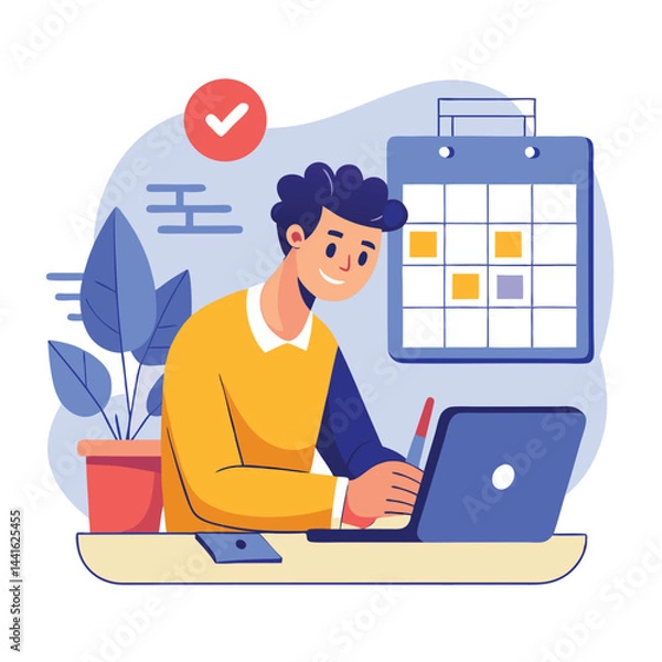 Fototapeta Young man with computer fills schedule calendar vector 