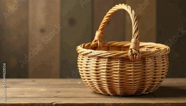 Fototapeta Wicker round bamboo basket isolated on a wooden table background, woven, wicker
