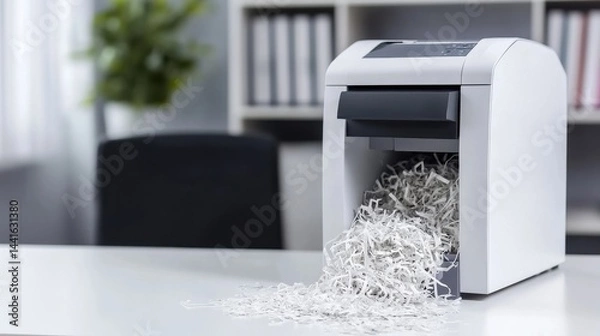 Fototapeta Office paper shredder in action, shredding documents in a modern workspace environment.