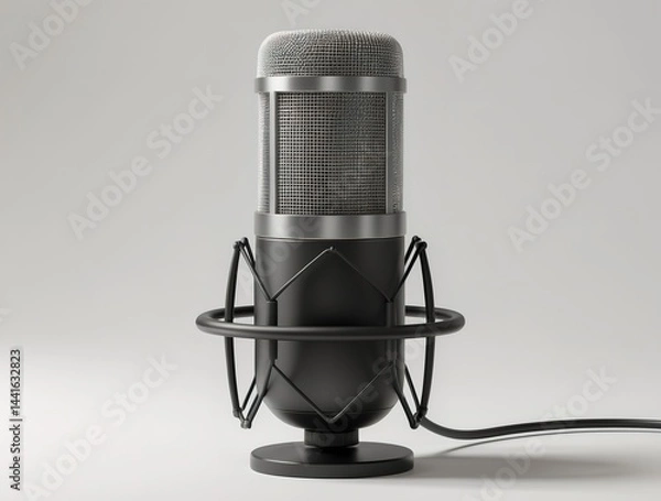 Fototapeta  studio podcast microphone, cylindrical shape, metallic mesh top, matte black body, no branding, professional studio lighting, isolated on white background