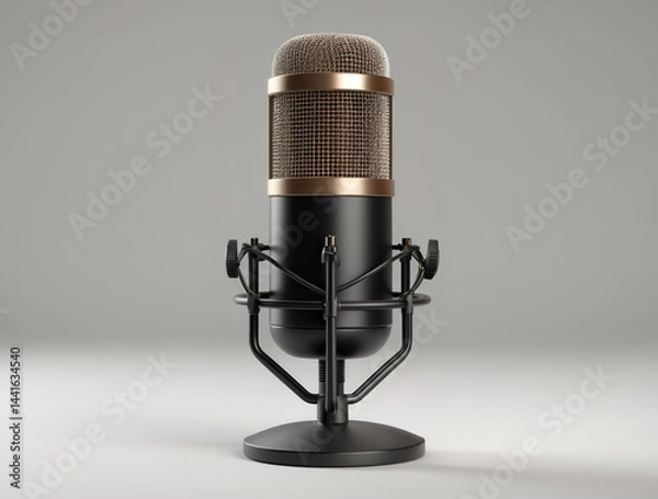 Fototapeta  studio podcast microphone, cylindrical shape, metallic mesh top, matte black body, no branding, professional studio lighting, isolated on white background