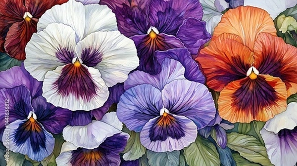 Obraz A vibrant watercolor painting featuring a variety of colorful pansies in full bloom arrangement