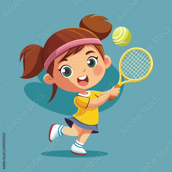 Fototapeta The girl with bright red hair is excitedly playing tennis, holding a racket while wearing a cute blue sports outfit and sneakers, showcasing her enjoyment of the game.
