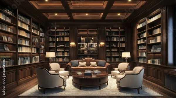 Obraz Cozy reading nook luxurious library interior design elegant atmosphere wide angle serenity and knowledge