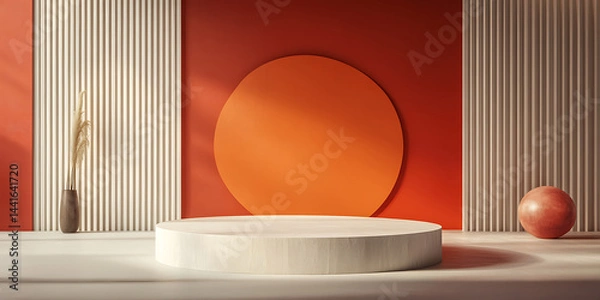 Obraz Modern geometric podium scene with orange sun circle, vertical panels, and natural decor
