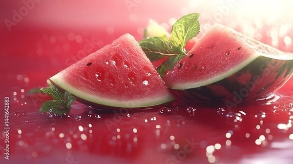 Obraz Two watermelon slices with mint leaves on a red surface with water droplets creating a refreshing scene