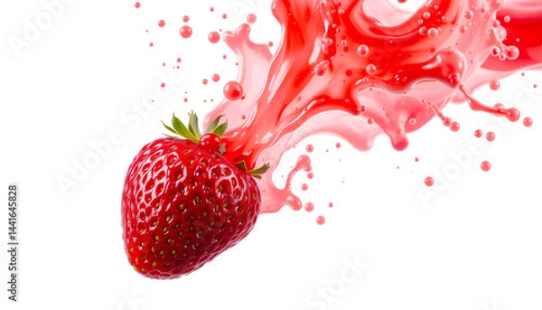 Obraz Exploding strawberry with juice splash effect, isolated on white, intense color and energy for commercial use