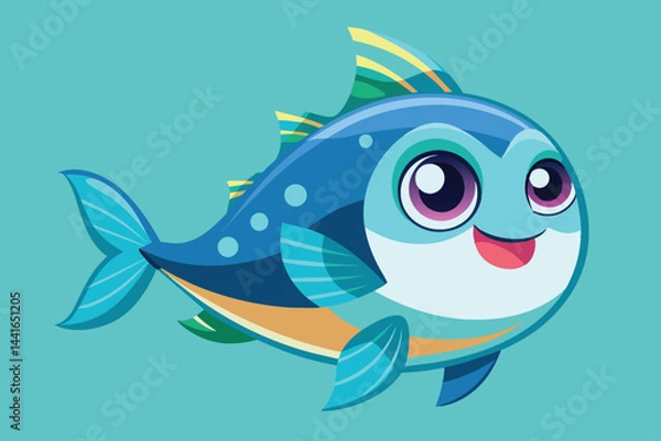 Obraz A joyful cartoon fish swims in a bright blue ocean, exuding happiness with its large eyes and colorful fins, inviting viewers into a whimsical underwater world.