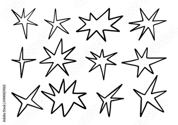 Fototapeta Expressive Hand Drawn Starburst Line Art. A dynamic set of 12 hand drawn starburst illustrations featuring five to eight-pointed stars abstract styles, perfect for comic accents or visual effects.