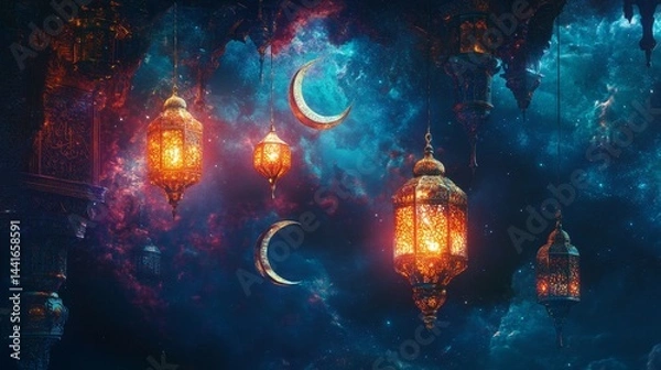 Fototapeta Mystical lanterns and crescents enchanted sky digital art fantasy environment ethereal viewpoint celestial concept