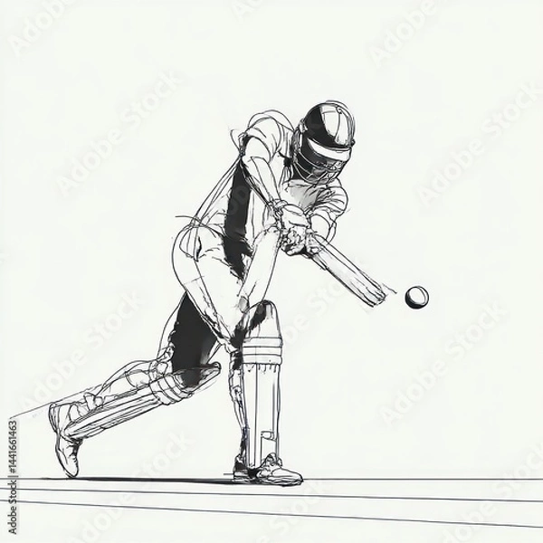 Fototapeta Dynamic sketch of a cricket player in full gear striking a ball with a bat, captured in the moment of powerful action on the pitch