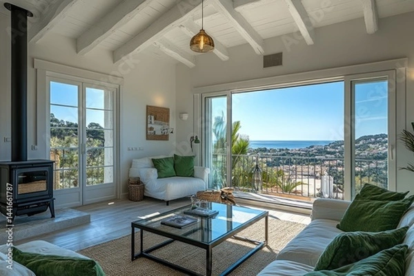 Fototapeta Panoramic view from a modern, light-filled living space.