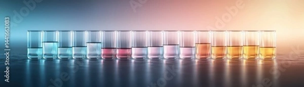 Fototapeta A row of glasses filled with colored liquids, transitioning from blue to red to orange, on a reflective surface with gradient lighting.