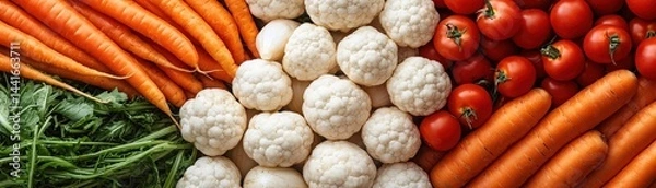 Obraz Fresh carrots, cauliflower, and cherry tomatoes arranged in a vibrant, healthy display of vegetables.