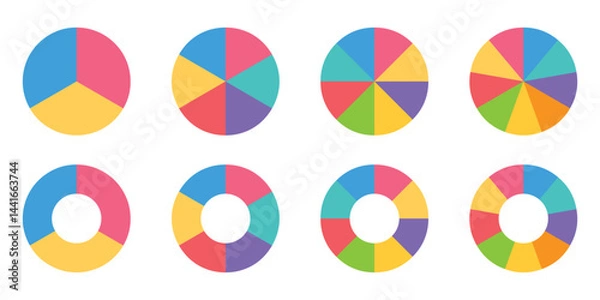 Obraz Pie charts diagrams. Pie chart set. Circle section graph. Different color circles isolated. Infographic element round shape. Vector illustration