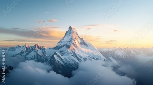 Obraz Majestic snow-capped mountain peak rises above clouds at sunrise, surrounded by a serene mountain range and glowing sky.