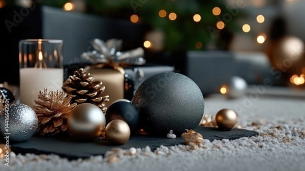 Obraz Festive Christmas decorations on dark slate