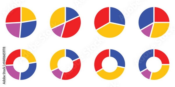 Obraz Pie chart infographic set. Circle diagram collection with sections or parts. Segmented circle icons for infographic, data analysis, web design or presentation. Vector illustration on white background.